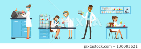 Man and Woman Scientists at Science Lab Conduct Chemical Research Vector Set Man and Woman Scientists at Science Lab Conduct Chemical Research Vector Set 130093621