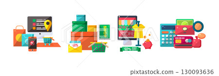 Shop and Store Sale and Discount Flat Icon Vector Set 130093636