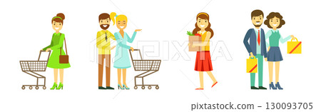 Man and Woman at Supermarket and Grocery Store Shopping Vector Set Man and Woman at Supermarket and Grocery Store Shopping Vector Set 130093705