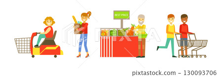Man and Woman at Supermarket and Grocery Store Shopping Vector Set Man and Woman at Supermarket and Grocery Store Shopping Vector Set 130093706