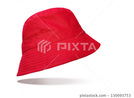 A red bucket hat floats tilted on a white background. 130093753