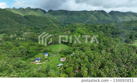 Tropical forest mountain deforestation population growth cottages agriculture Mount Manghilao Corte and village Triumfo people corn field with sugarcane poor house Cebu drone aerial Philippines 130093851