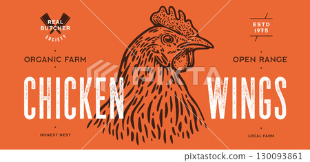 Label, sticker, tag. Chicken, farm hen sketch. Hand drawn sketch. Meat tag, food label template. Vintage retro print, black white rooster chicken, hen drawing. Vector Illustration 130093861