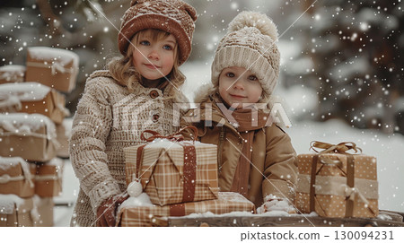 Two little girls in warm winter clothes standing with Christmas gifts on snowy street 130094231