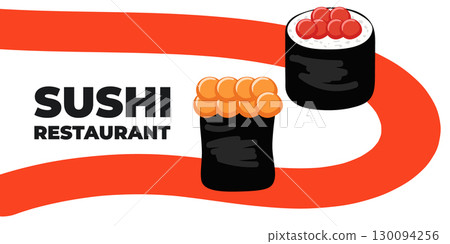 Vector illustrated advertising web and desktop banner with Japanese cuisine, traditional Asian food including sushi and rolls, perfect for Asian restaurant branding, menu design, and promotional Vector illustrated advertising web and desktop banner with Japanese cuisine, traditional Asian food including sushi and rolls, perfect for Asian restaurant branding, menu design, and promotional 130094256