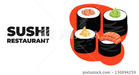 Vector illustrated advertising web and desktop banner with Japanese cuisine, traditional Asian food including sushi and rolls, perfect for Asian restaurant branding, menu design, and promotional 130094259