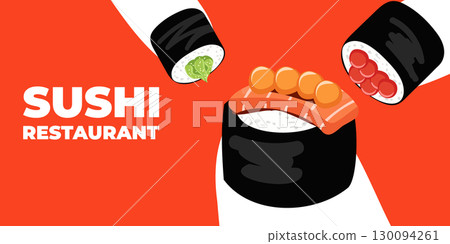 Vector illustrated advertising web and desktop banner with Japanese cuisine, traditional Asian food including sushi and rolls, perfect for Asian restaurant branding, menu design, and promotional Vector illustrated advertising web and desktop banner with Japanese cuisine, traditional Asian food including sushi and rolls, perfect for Asian restaurant branding, menu design, and promotional 130094261