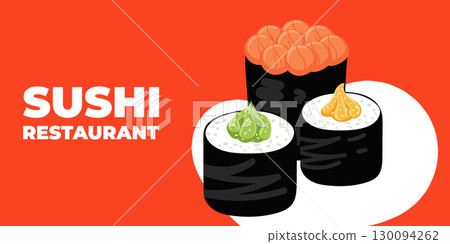Vector illustrated advertising web and desktop banner with Japanese cuisine, traditional Asian food including sushi and rolls, perfect for Asian restaurant branding, menu design, and promotional Vector illustrated advertising web and desktop banner with Japanese cuisine, traditional Asian food including sushi and rolls, perfect for Asian restaurant branding, menu design, and promotional 130094262