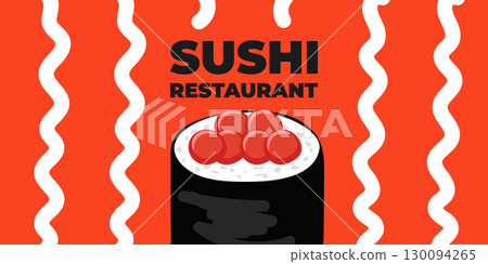 Vector illustrated advertising web and desktop banner with Japanese cuisine, traditional Asian food including sushi and rolls, perfect for Asian restaurant branding, menu design, and promotional Vector illustrated advertising web and desktop banner with Japanese cuisine, traditional Asian food including sushi and rolls, perfect for Asian restaurant branding, menu design, and promotional 130094265