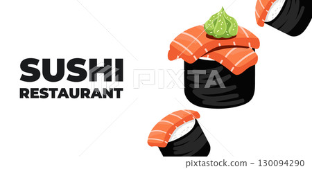 Vector illustrated advertising web and desktop banner with Japanese cuisine, traditional Asian food including sushi and rolls, perfect for Asian restaurant branding, menu design, and promotional 130094290