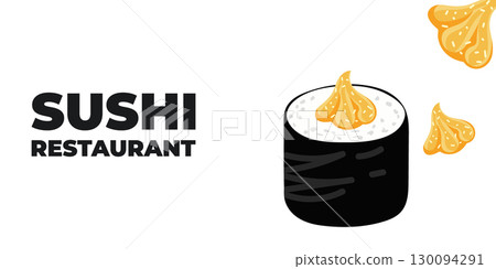 Vector illustrated advertising web and desktop banner with Japanese cuisine, traditional Asian food including sushi and rolls, perfect for Asian restaurant branding, menu design, and promotional 130094291
