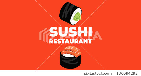 Vector illustrated advertising web and desktop banner with Japanese cuisine, traditional Asian food including sushi and rolls, perfect for Asian restaurant branding, menu design, and promotional Vector illustrated advertising web and desktop banner with Japanese cuisine, traditional Asian food including sushi and rolls, perfect for Asian restaurant branding, menu design, and promotional 130094292
