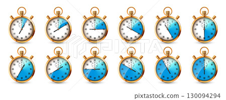Realistic classic stopwatch. Shiny golden metal chronometer, time counter with dial. Blue countdown timer showing minutes and seconds. Time measurement for sport, start, finish. Vector illustration 130094294