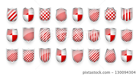 Glossy shields with red and black white. Security and protection concept. Cyber safety icons, internet privacy, web defense, digital data protection and antivirus themes. Vector illustration Glossy shields with red and black white. Security and protection concept. Cyber safety icons, internet privacy, web defense, digital data protection and antivirus themes. Vector illustration 130094304