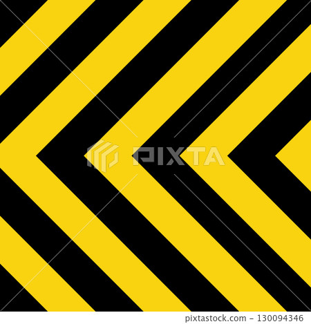 Warning sign with yellow and black diagonal lines. Attention, danger or caution symbol. Construction site signage, road safety notice, hazard banner, security alert shield. Vector illustration 130094346