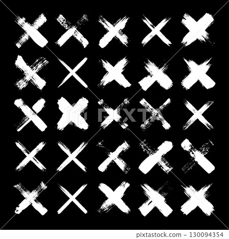 Grunge crosses, brush strokes, x mark, lines, ink smudges, hand-drawn scribble shapes. Handmade sketchy marks, acrylic stains, charcoal streaks. Paint textures, dry brush effect. Vector illustration 130094354