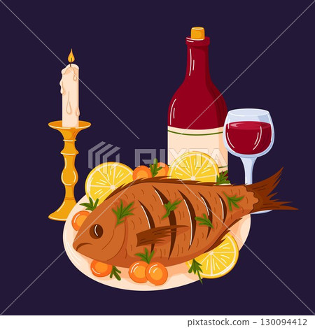 Festive table setting with roasted fish, lemon slices, wine bottle, glass and candle symbolizing Rosh Hashanah holiday celebration. Cartoon style. 130094412