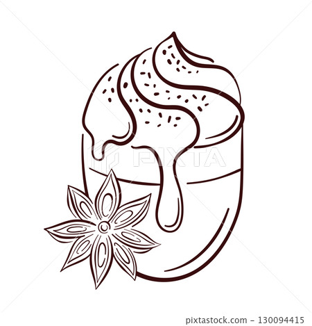 Line art style illustration of a coffee glass with whipped cream, topping and star anise isolated on white background. Perfect for bakery design and sweet culinary decoration. 130094415