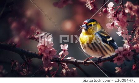 Goldfinch perched on cherry blossom branch Goldfinch perched on cherry blossom branch 130094473