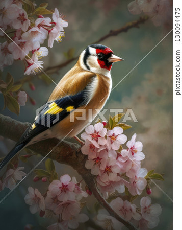 Goldfinch perched on cherry blossom branch Goldfinch perched on cherry blossom branch 130094475