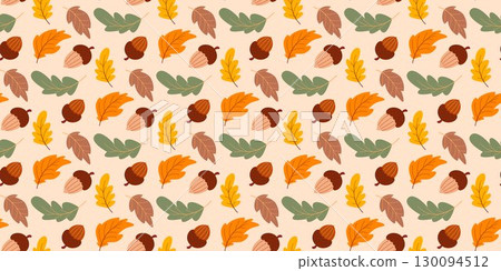 Cozy autumn background with acorns and leaves Cozy autumn background with acorns and leaves 130094512