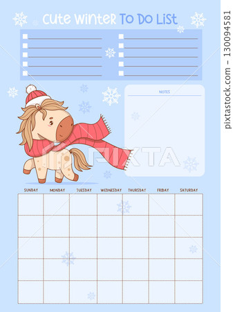 Winter to do list. Cute Little Horse. Organizer for grid Month, To-Do and Note, memo. Kids Vertical Template with cartoon kawaii pony animal on Blue with snowflakes. Vector illustration. Not AI 130094581