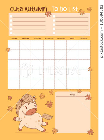 Autumn to do list. Cute Little Horse with Fall Maple Leaves. Organizer for Month, To-Do and Note. Vertical Template with Funny cartoon kawaii pony animal. Vector illustration. Kids collection. Not AI 130094582