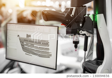 Close up touch probe of Automatic Coordinate measurement machine by CMM, Inspection dimension aluminum automotive parts by cnc programing control, high accuracy part verification. 130094656