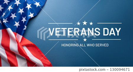 Veterans day. Blue background with American flag. Website banner and greeting card design template. 130094671