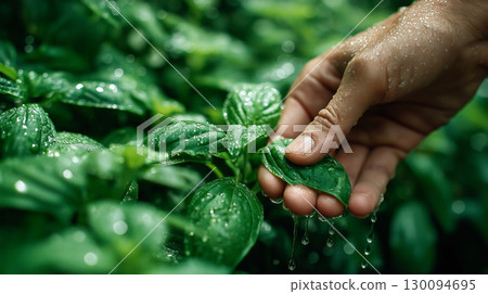 A close-up of a hand gently holding fresh green basil leaves covered in water droplets, symbolizing nature, freshness, and organic growth. 130094695