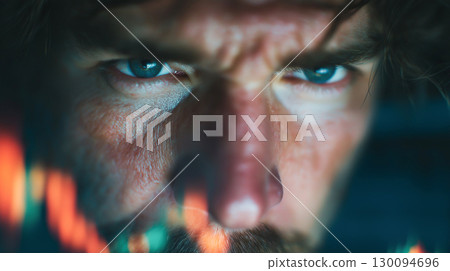 A close-up of a man intense blue eyes focused on financial data charts, symbolizing determination, strategy, and market analysis under pressure. 130094696
