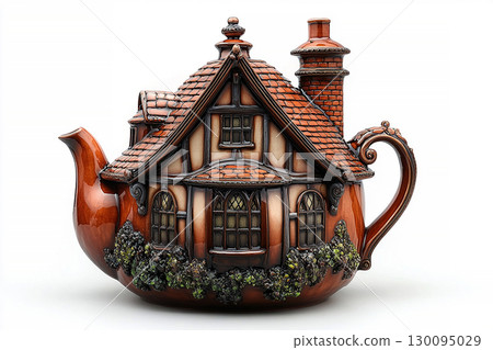 Kitchen design. Ceramic teapot in shape of an English house on a white background. Classic style. 130095029
