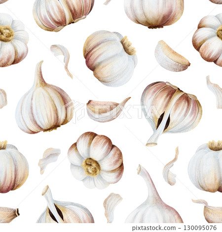 Hand drawn garlic watercolor seamless pattern on white with bulbs and cloves. Realistic raw vegetable repeat background in pastel beige colors for local market spices and Italian cuisine designs Hand drawn garlic watercolor seamless pattern on white with bulbs and cloves. Realistic raw vegetable repeat background in pastel beige colors for local market spices and Italian cuisine designs 130095076