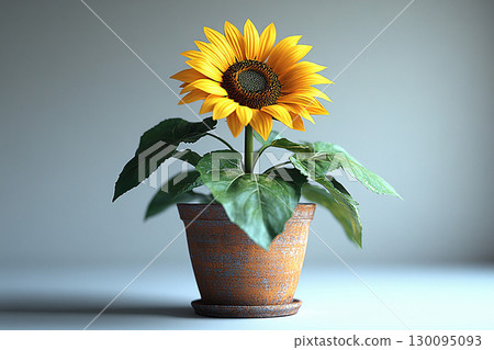 Fleshy leaves. Sunflower plant in ceramic pot with yellow flowers on a white background. Cottage garden. 130095093