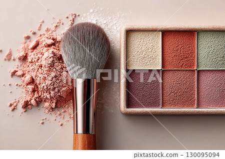 Cosmetic display. Flat lay of makeup brush placed next to a color palette on white background. Cosmetic display. Flat lay of makeup brush placed next to a color palette on white background. 130095094