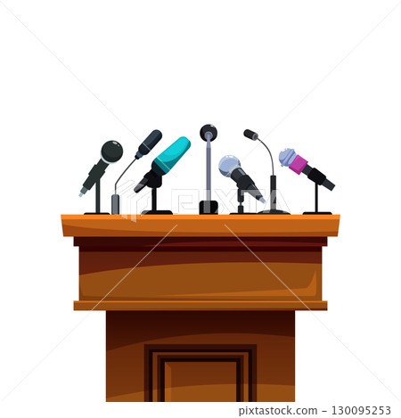 Wooden tribune with different microphones. Isolated press conference podium, place for political speaker, interview, press release, sapid vector element 130095253