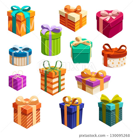 Cartoon vibrant gift boxes. Christmas birthday anniversary presents box with different ribbon bows. Present for event, holiday surprise sapid vector set 130095268