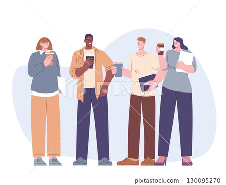 Young adults stand together and drink coffee. Lunch, office workers on break with papers, students. Flat cartoon casual characters, modern people vector scene 130095270