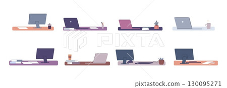 Workplaces. Desk with laptop, computer, paper sheets, stationery. Student, office, administration, call center job organised. Interior elements vector set 130095271