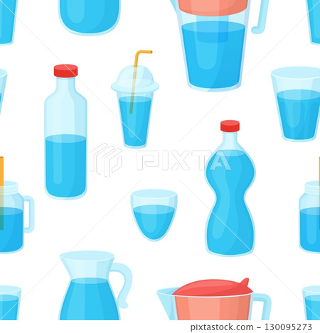 Water glasses and bottles seamless pattern. Decorative print design for fabric, wrapping, webpage, backdrop. Drinking elements, vector background 130095273