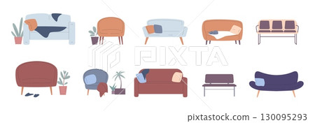 Living room interior furniture. Different coach, sofa, chair, houseplants. Office waiting area sofas, bench for public space with pillows, vector clipart 130095293