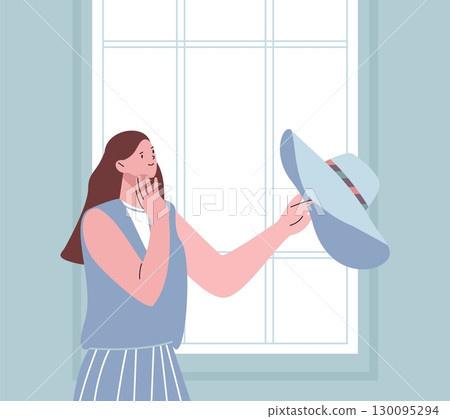 Girl trying on hat. Stylish young woman choosing accessory for her head. Fashionable look, new outfit for walking. Female hold hat vector scene Girl trying on hat. Stylish young woman choosing accessory for her head. Fashionable look, new outfit for walking. Female hold hat vector scene 130095294