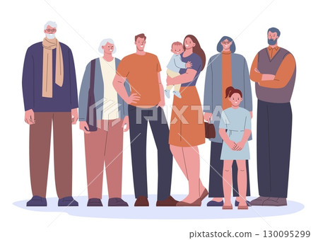 Family portrait. People group together. Young parents with relatives, grandparents and sister. Happy family, partnership, different generations vector scene Family portrait. People group together. Young parents with relatives, grandparents and sister. Happy family, partnership, different generations vector scene 130095299