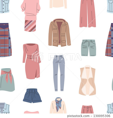 Clothes seamless pattern. Stylish shorts, pants, jeans. Dress and jacket, fashion vest. Isolated trendy outfit elements, print, vector background 130095306