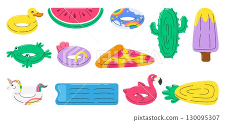 Cartoon rubber rings and mattress. Isolated inflatable ring for swimming in pool, sea or ocean. Swim accessories for children neoteric vector set 130095307