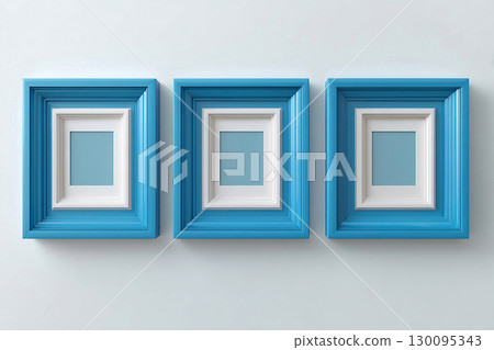 Lifestyle mockup. Empty blue photo frame for a collage of three photos in a minimalist style on a white background. 130095343