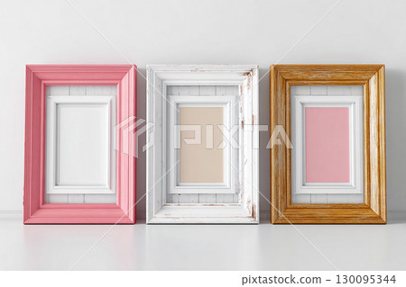 Natural light. Empty color photo frame for a collage of three photos in a minimalist style on a white background. Natural light. Empty color photo frame for a collage of three photos in a minimalist style on a white background. 130095344