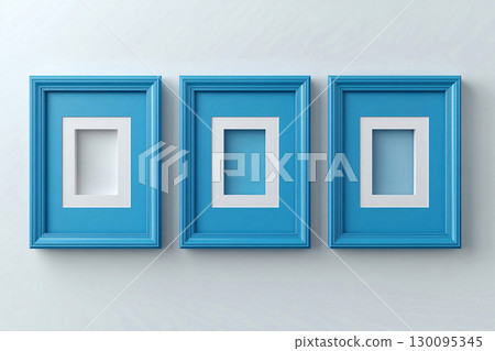 Minimalist lifestyle. Empty blue photo frame for a collage of three photos in a minimalist style on a white background. 130095345