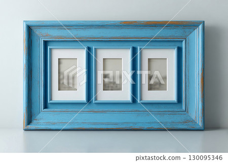 Minimalistic framework. Empty blue photo frame for a collage of three photos in a minimalist style on a white background. Minimalistic framework. Empty blue photo frame for a collage of three photos in a minimalist style on a white background. 130095346
