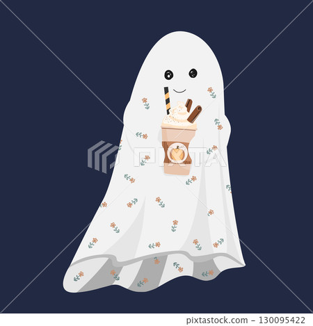 Cute Ghost Drinking Pumpkin spice latte from paper cups. Halloween character design element 130095422
